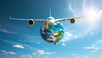 Airplane flying across the globe, symbolizing international travel and adventure Airplane flying across the globe, symbolizing international travel and adventure