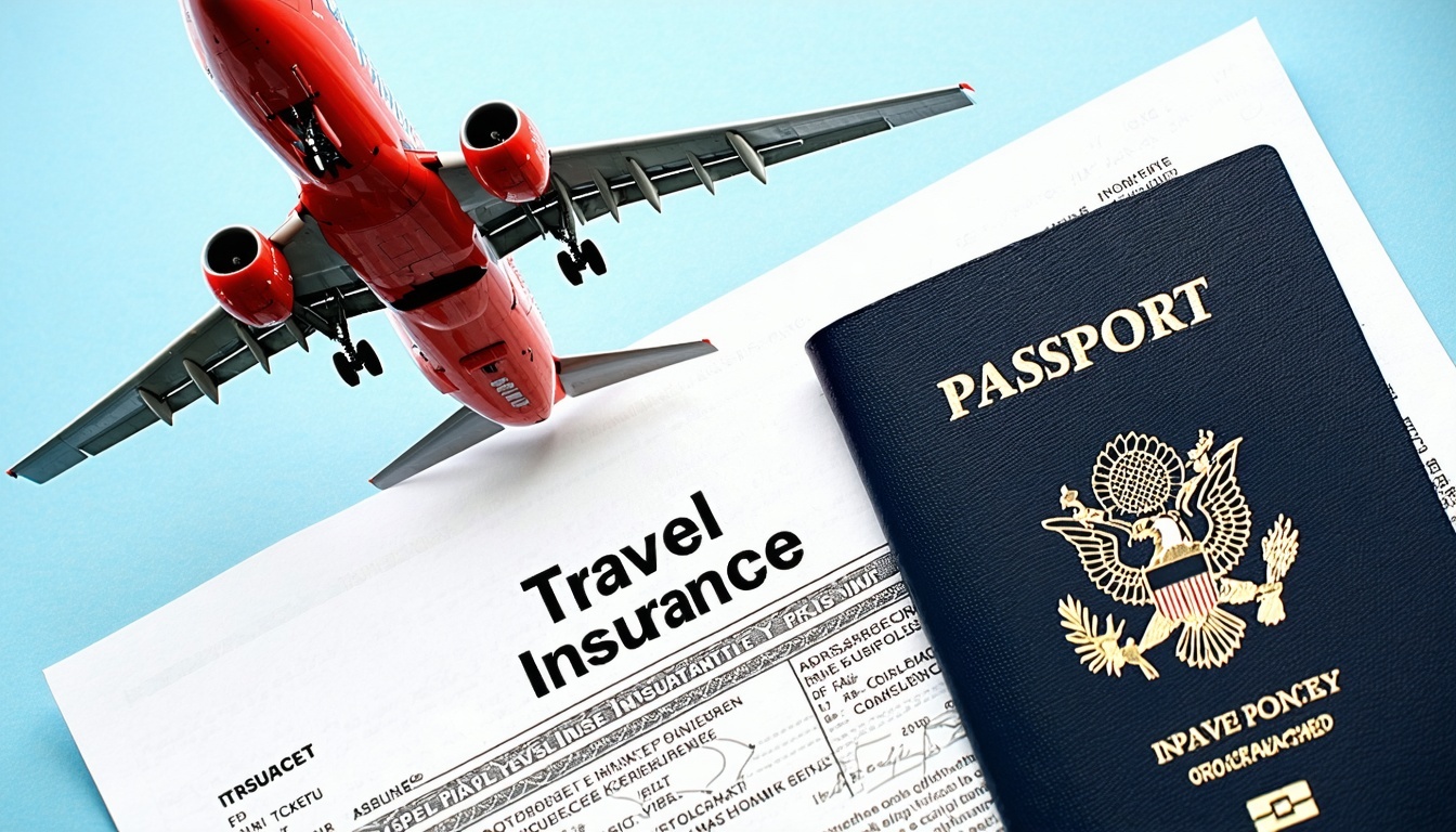 Travel insurance policy with passport and plane ticket